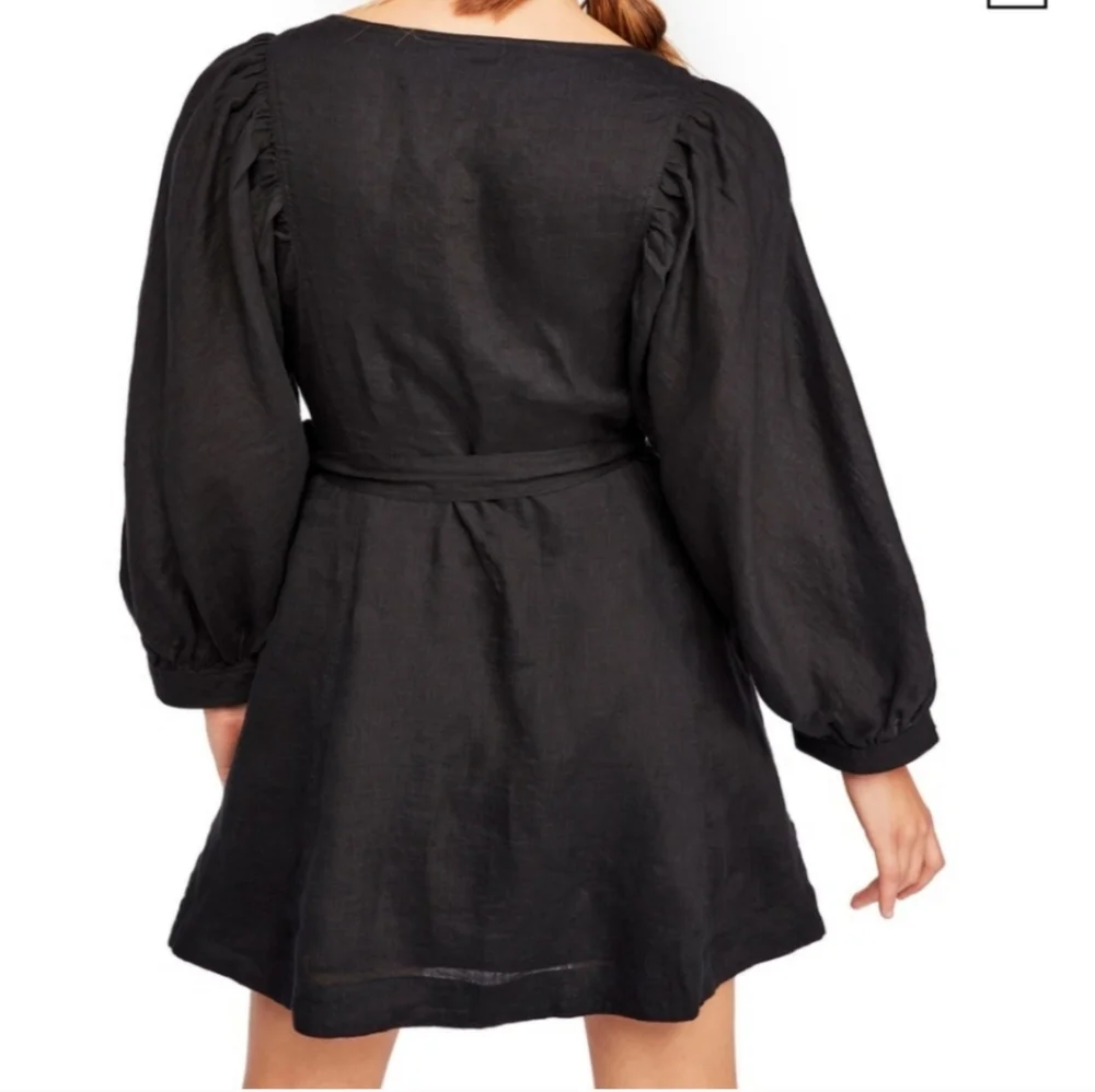 FREE PEOPLE Black Linen Carino Mini Wrap Dress Small Petite - Picture 2 of 14